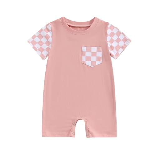 Image of Karuedoo Newborn Baby Boy Girl Clothes Checkered Plaid Romper Jumpsuit Short Sleeve One-Piece Bodysuit Infant Summer Outfit