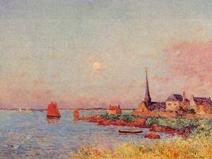 Peinture à l'huile Breton Village x the Sea Ferdinand Puigaudeau 1900 pour habiller un mur vide