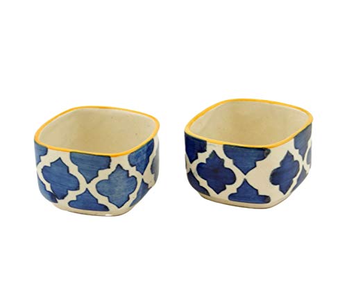 Image of Freakway Hand Painted White Ceramic Dip Bowls | Bowls Set of 2, 40Ml | Bowl for Serving Chutney Bowl /Pickle Bowl /Small (Moroccan Blue)