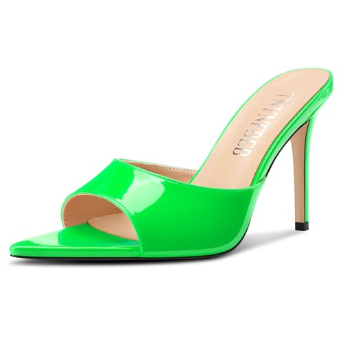 Image of TNYNFBEB Womens Stiletto High Peep Open Pointed Toe Sandals Mules Shoes Slip-on Slingback Office Party Dress Patent Leather Summer 3.9 Inches Heels