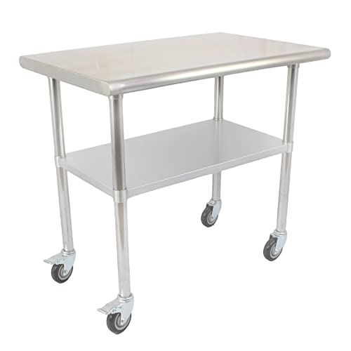 STEELBUS 24'' x 36'' Stainless Steel Table,NSF Commercial Heavy Duty Kitchen Prep & Work Table on 4 Caster Wheels and with Adjustable Under Shelf,Metal Food Workstation for Restaurant, Home and Hotel