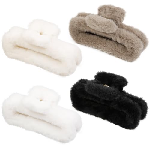 Extra Large Plush Claw Clips for Women 5 Inch Unbreakable Large Fluffy Claw Clips for Thick Hair Neutral Huge Hair Clips Non-slip Hair Claws Tight Strong Hold Hair Claw for Women Girls 4 Packs