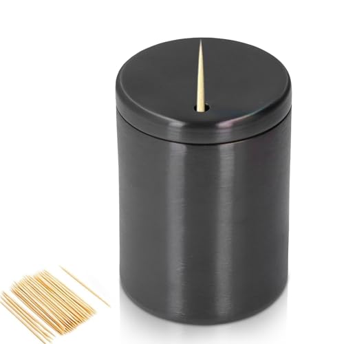 Toothpick Dispenser, Stainless Steel Toothpick Holder Thickening Tooth Picks Case Storage Box Organizer for Families Houses(Black)