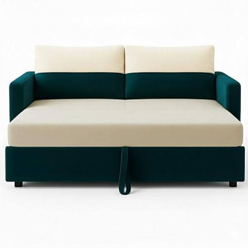 Image of SOCOZI Enrique 2-Seater Pull-Out Sofa Cum Bed | Soft Velvet Suede Fabric, Convertible Sofa Bed for Bedroom (Green Teal-Cream)