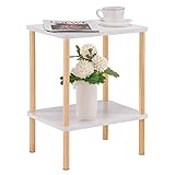 Apicizon 2 Tier End Table, Small Side Table with Solid Wood Legs, Boho Bedside Table with Storage Shelf, Nightstand for Small Spaces, Bedroom, Living Room, Entryway, Easy Assembly, White+Natural