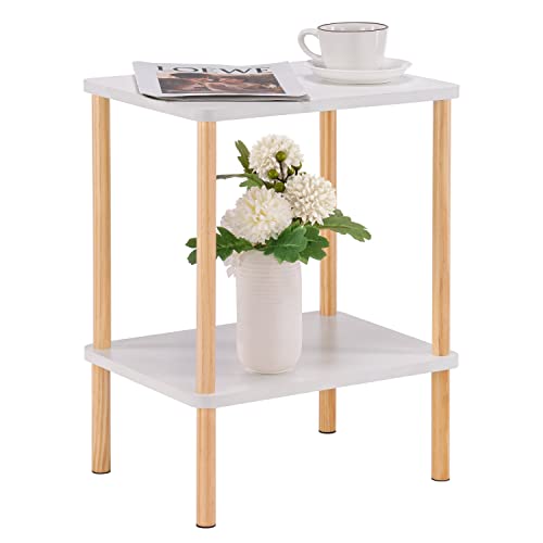 Image of Apicizon 2 Tier End Table, Boho Side Table with Storage Shelf, Nightstand Bedside Table for Small Spaces, Bedroom, Living Room, Entryway, Farmhouse, Easy Assembly, White+Natural