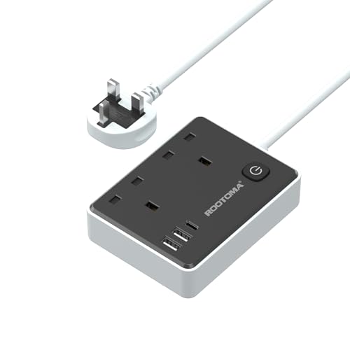 Black Extension Lead 1M with 3 USB Slots (1 USB C) 2 Gang Short Extension Lead with Switch Small Power Strip for Travel Home Bedroom Kitchen Office Surge Protected Black