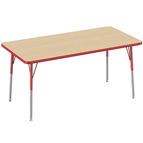 FDP Rectangle Activity School and Office Table (30 x 60 inch), Standard Legs with Swivel Glides, Adjustable Height 19-30 inches - Maple Top and Red Edge