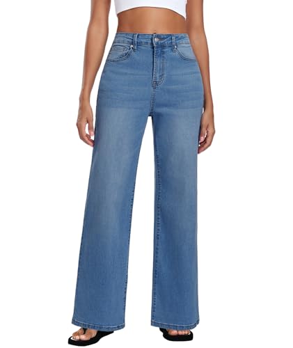 MARIASHA Jeans for Women New Flared Leg Stretch High Wasited Printed Pocket Pants Deep Blue L