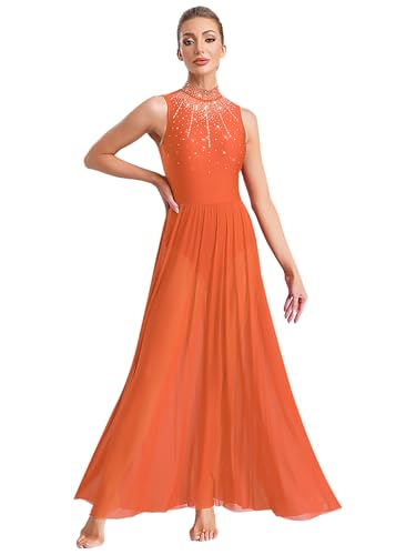 Fldy Vestido de danza lírico largo para mujer, vestido de ballet con purpurina, sin mangas, falda maxi, estilo contemporáneo, disfraz de danza, naranja, XL
