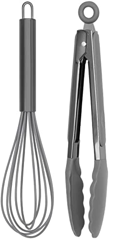 Country Kitchen Stainless Steel Silicone Tipped Kitchen Food BBQ and Cooking Tongs for Non Stick Cookware, BPA Fee, Stylish, Sturdy, Locking, Grill Tongs, Gunmetal, Tong and Whisk Set, Gray