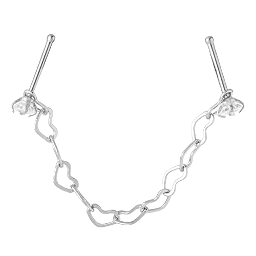 Stainless Steel Nostril Jewelry Set â€” 1 Pair of 3mm Nose Bone Rhinestone Studs and 1pcs Heart Chain 4.2cm, Silver Tone
