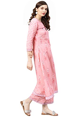 Image of ishin Women's Pure Cotton Anarkali Printed Thread Work Floral print Pink Kurta suit set with Palazzo