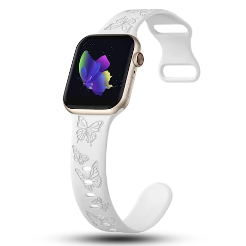 Image of Butterfly Engraved Bands Compatible with Apple Watch Band 41mm 40mm 38mm 49mm 46mm 49mm 46mm 45mm 44mm 42mm Women, Silicone Sport Strap for iWatch Series SE 10 9 8 7 6 5 4 3 2 1 SE Ultra