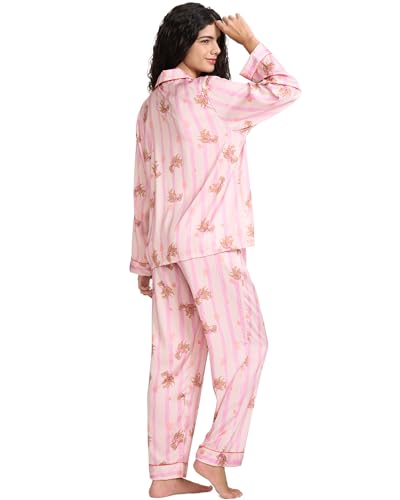 Image of YiNi LuLu Womens Silk Satin Pajamas Set Button Down 2 Piece Pjs Long Sleeve Oversized Sleepwear with Pockets