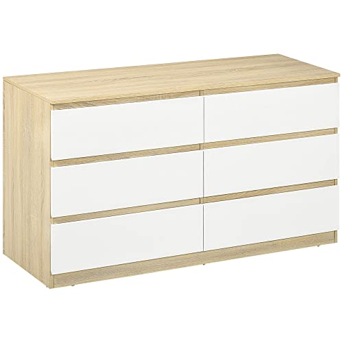 HOMCOM Cassettiera 6 Cassetti Moderna in Legno, Mobile Cassettiera per Camera da Letto 135x48x77cm, Bianco e Legno