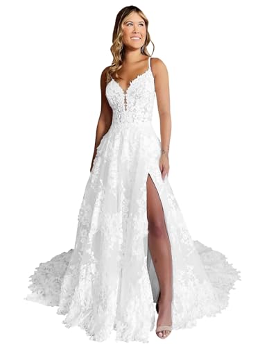 zsweof Lace Wedding Dress A Line Bridal Dresses V Neck Wedding Gown with Train White Plus Size 22