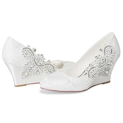JIAJIA 1217524 Damen Brautschuhe Geschlossene Zehe 7,5 cm Keilabsatz Spitze Satin Pumps Strass Hochzeitsschuhe – Bild 5