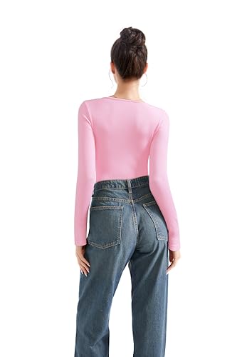 Image of SUUKSESS Women Sweetheart V Neck Long Sleeve Tops Lace Trim Ribbed Modal Fall Going Out Shirts