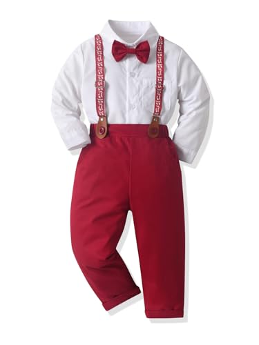 Baby Boy Wedding Dress Suits Formal Baby Boy Outfits Gentleman Clothes Toddler Boys Suit Shirt,Pants,Bow Tie White-red