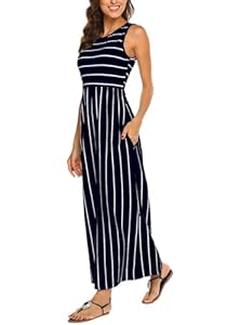 BDTECAOR Damen Sommerkleider Ärmellos Lässige Lange Maxikleider Strand Sonnenkleider Blume Dunkelblaue M