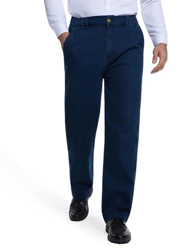 Mywinway Elastic Waist Jeans for Men Relaxed Fit Men's Jeans Denim Pants with Zipper and Button