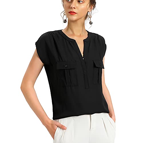 Womens Blouses and Tops for Work V Neck Two Pockets Fashion Casual Short Cap Sleeve Chiffon Blouse for Women Summer Ladies Shirts and Blouses Dressy Black Womens Blouses and Tops for Work V Neck Two Pockets Fashion Casual Short Cap Sleeve Chiffon Blouse for Women Summer Ladies Shirts and Blouses Dressy Black