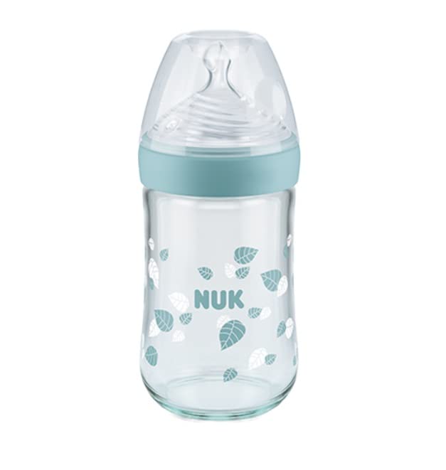 NUKNature Sense Glass Bottle with Silicone Medium Feed Hole Teat (0-6 Months) Green 240ml