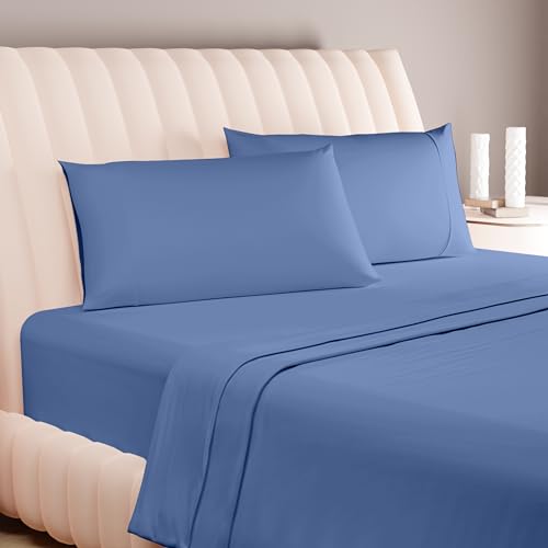 Carressa Linen 100% Egyptian Cotton Sheets - 600 Thread Count 4 PC Queen Size Sheet Set, Soft, Cooling, High Thread Count Sateen, Extra Long Staple Luxury Bedding, 16 in Deep Pocket - Deep Blue