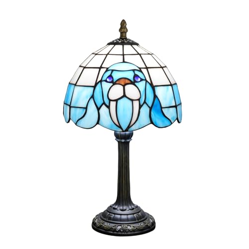 NUODITOS Tiffany Tischlampe Walross Blau Buntglas Nachttischlampe Antik Einzigartig Niedlich Akzent Nachttischlampe für Zuhause Wohnzimmer Büro Schlafsaal Bar Dekorieren