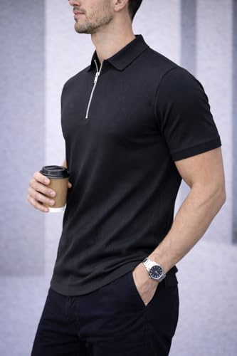 Image of Mack Jonney Men Ribbed Polo T-Shirt | Regular Fit | Half Sleeve | Zip Collar Casual T-Shirt-MJ-94