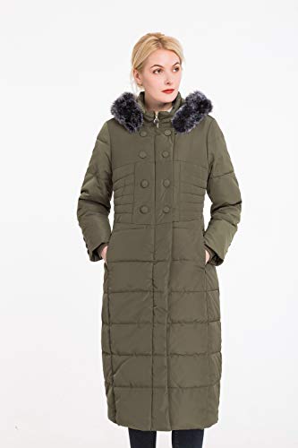 Polydeer Women's Vegan Down Hooded Jacket,Max Long Puffer Winter Warm Coat,Long-Sleeve Full-Zip Water-Resistant Thicken Parka (Green, L) #TOP1
