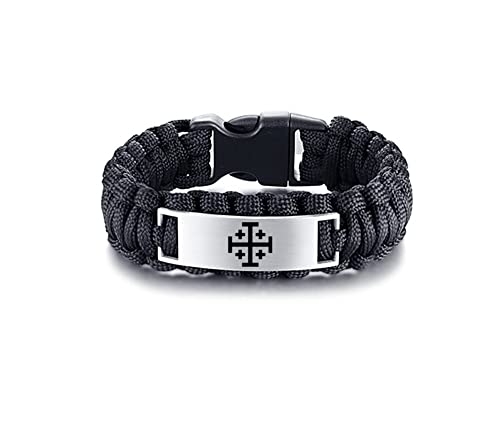 Men's Holy Jerusalem Crusaders Cross Amulets Handmade Paracord Cuff Bracelet Bangle, 5 Crosses Catholic Greek Christian Symbol of Faith Wristband Jerusalem Jewelry Gifts, 9 inch