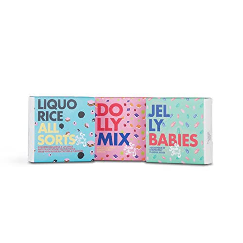 Josh & Jim's Gift Sweet Box, Dolly Mixtures, Jelly Babies, Liquorice & Coconut Sweets All Sorts, Classic Retro Sweet Selection, Made With Natural Flavours & Colours, Gift For Sharing & Gift, 3x125g