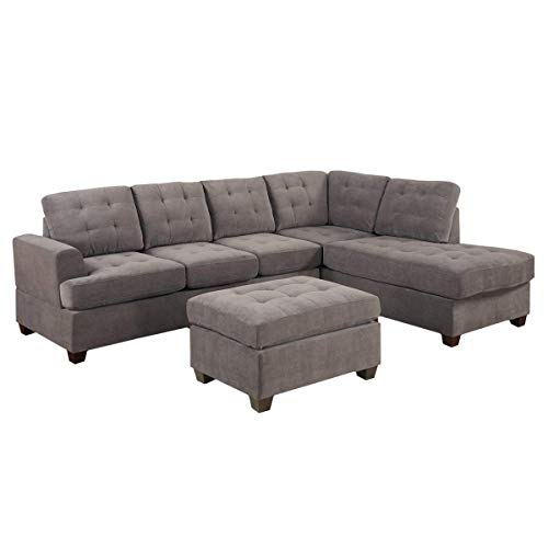 UDKTSOFAS 3pc Modern Reversible Grey Charcoal Sectional Sofa Couch with Chaise and Ottoman