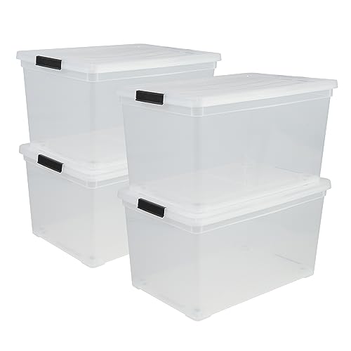 Iris Ohyama, Aufbewahrungsbox aus Kunststoff, 50 l Büro-Aufbewahrungsbox, 4er-Set, NCS-320, transparent, stapelbar, Verschlussclips, B54 x T39,5 x H30,5 cm