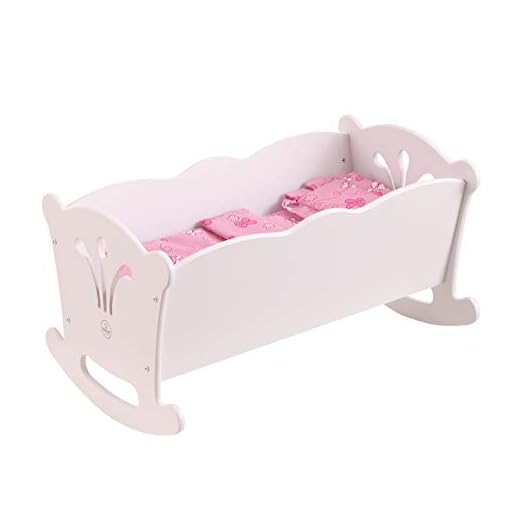 KidKraft KidKraft Wooden White Lil' Doll Rocking Cradle with Pink Butterfly Pad, Blanket and Pillow for 18-Inch Baby Dolls, Gift for Ages 3+