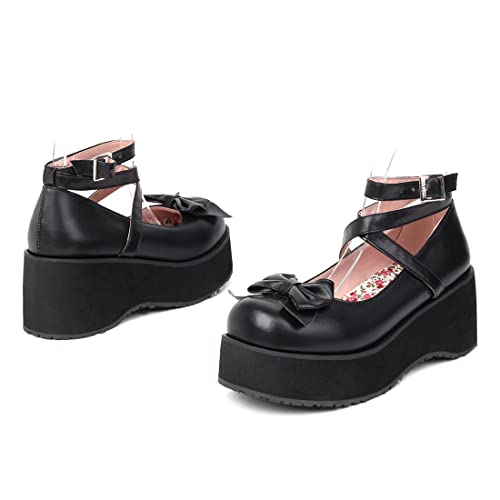Betastella Women's Cute Platform Mary Janes Wedges Heels Round Toe Cross Ankle Strap Goth Pumps with Bow2