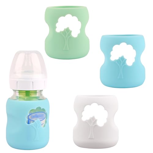 Image of 3 Pack Silicone Sleeves for Dr. Brown's Natural Glass Baby Bottles, Anti Breakage Baby Bottle Holder, Compatible Dr. Brown Wide-Neck Glass Baby Bottles 5 oz (White+Blue+Green)