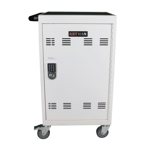32 Device Charging Cart with Combination Lock, Laptop and Tablet Mobile Charging Cabinet for Up to 16.3' Devices with Cord Management, Desktop Charging and Storage Locker for Classroom or Office.White