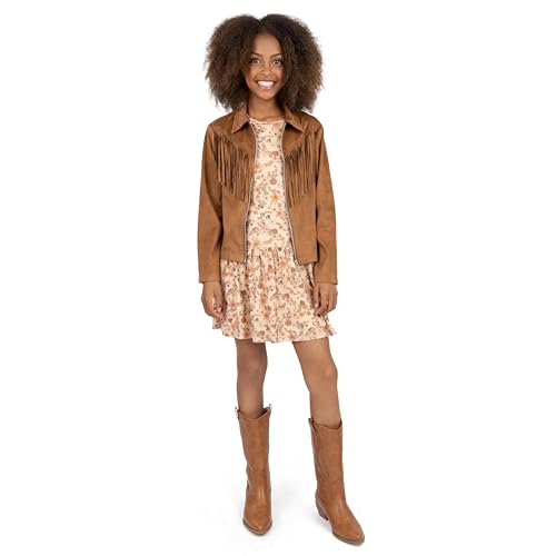 Speechless Girls' Long Sleeve Mesh Dress and Sueded Fringe Jacket