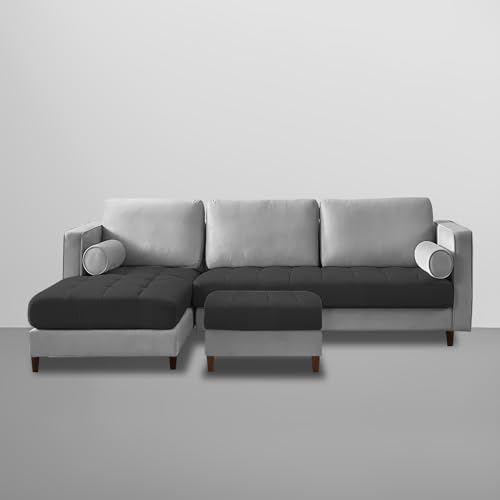 Image of Lezra LHS 4 Seater L Shape Sofa Set with Center Table for Living Room (Black Grey Fabric) Premium Fabric Sofa