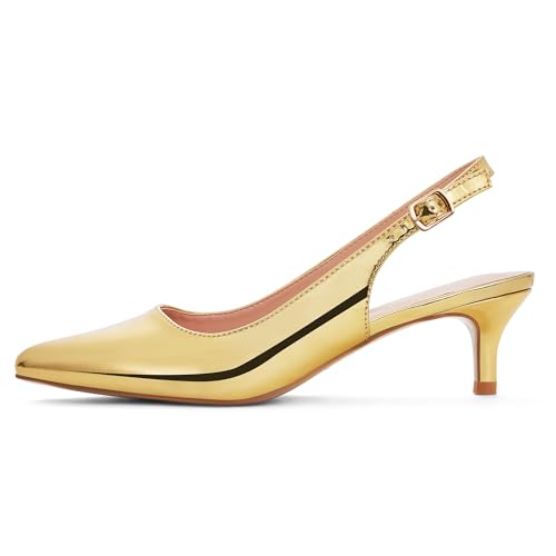 Escarpins à talon bas pour mariage et soirée habillée en finition or verni brillant