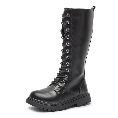 AZAGNEEM Girls Leather Riding Knee High Boots with Side Zipper Fashion Round Toe Comfortable Low Heel Lace Up Combat Boots Lug Sole Motorcycle Boots Little Kid/Big Kid (black,numeric_4)