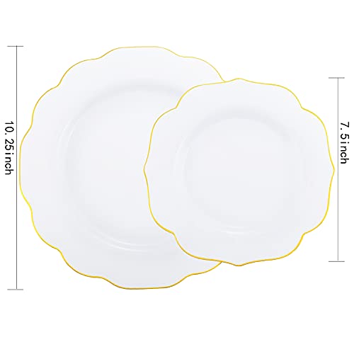 Noccur 120Pcs Gold Plastic Plates - White Plastic Plates With Gold Rim - Include 60Pcs 10.25” Dinner Plates & 60Pcs 7.5” Dessert Plates For Wedding, Shower, Birthday And Party #TOP2