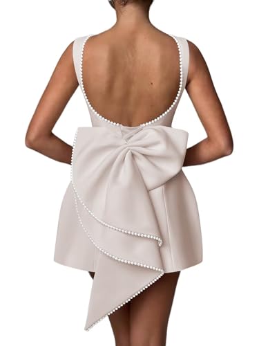 Image of Mini Pearl Cocktail Dress with Bow Satin Evening Dress Backless Bodycon Formal Party Gowns ADN002