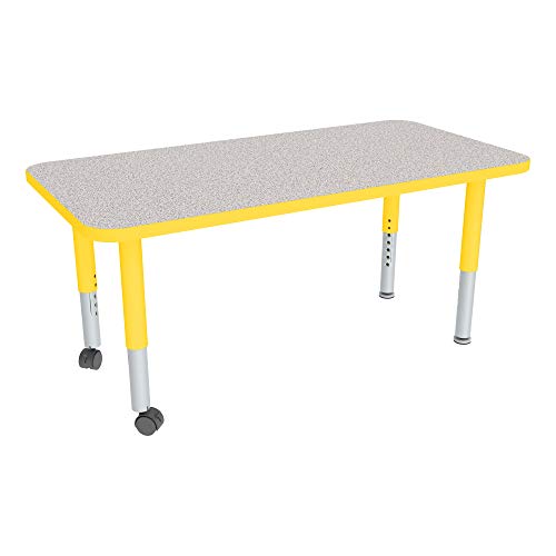 Image of Sprogs Adjustable Height Mobile Classroom Activity Table for Preschools, Rectangle Preschool Activity Table with Casters, 24 inchL x 48 inchW x 23 inchH, Gray /Yellow