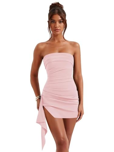 Women's Strapless Homecoming Dresses for Teens Satin Short Prom Dress Pleated Tight Cocktail Gown with Slit