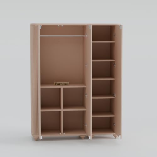Image of 3 Door Wardrobe Almirah for Bedroom, 72 Inch | Premium HDHMR Wooden Cupboard with Hanging Rod & Storage Compartments | Fluted Push-to-Open Clothes Organizer Cabinet | Taupe Finish