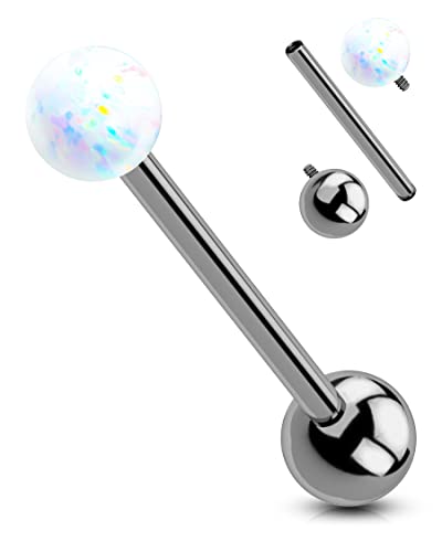 OUFER Titanium Tongue Rings - White Opal Tongue Jewelry, Internally Threaded, Straight Barbell for Women & Men
